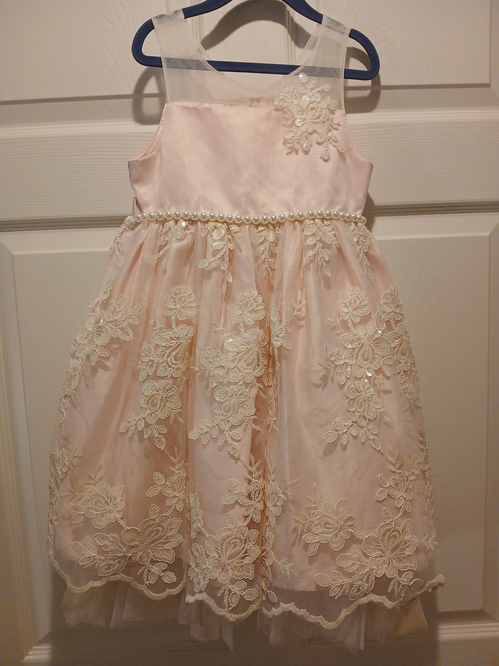 Dreamy American Princess Girls Pink and Cream Lace Pearl Waist Dress